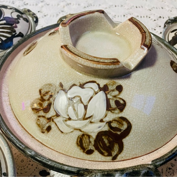 Vintage Donabe Japanese Rice Cooker Flower Motif Stoneware Earthenware Set Rare - Picture 7 of 14